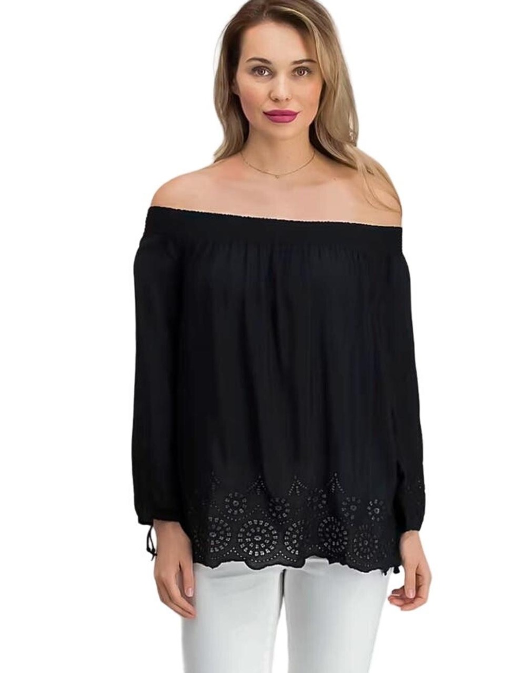 Lucky Brand Black Off-Shoulder Eyelet Hem Blouse